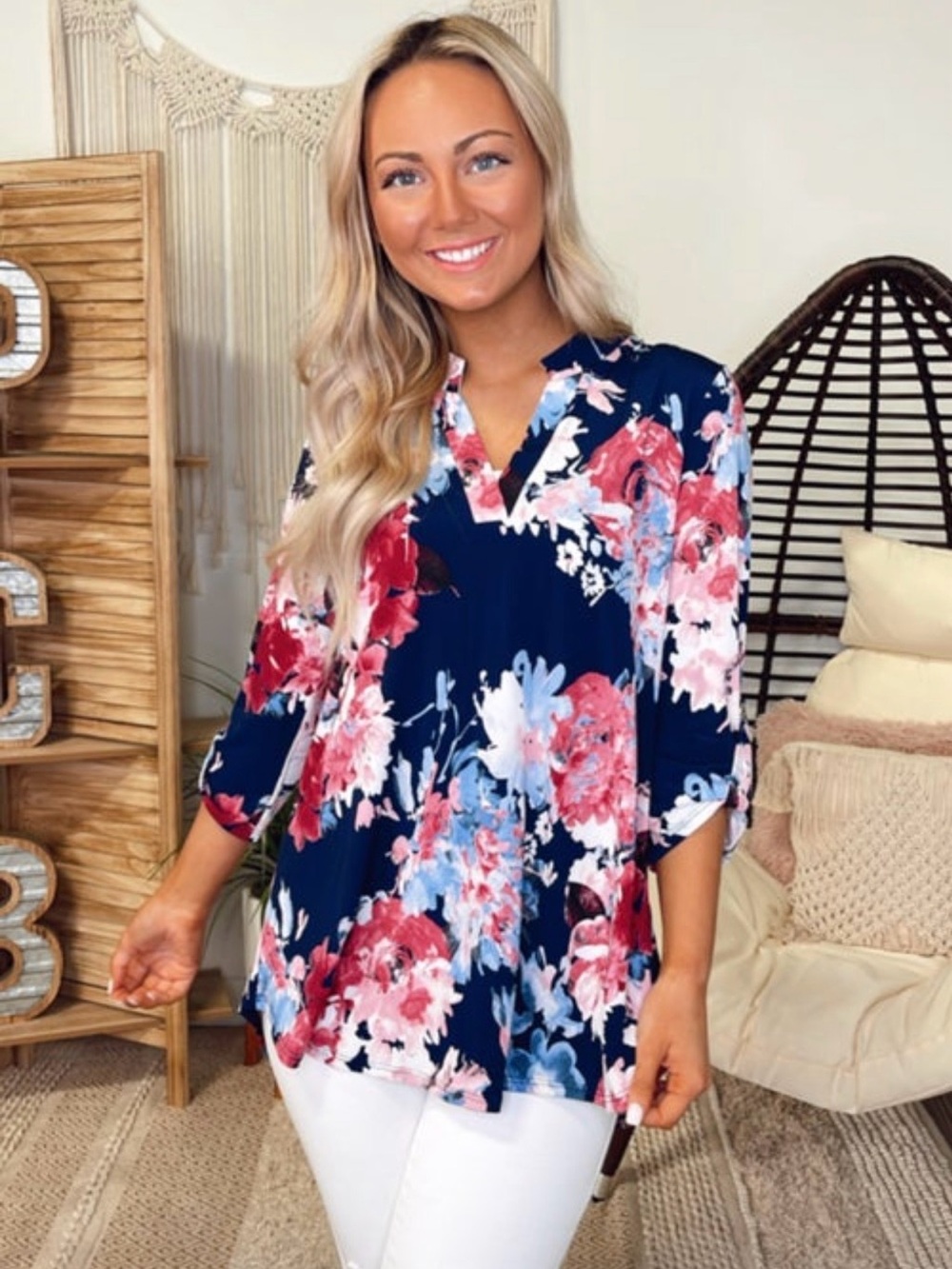 Floral V-Neck Women's Top - Blue and Pink